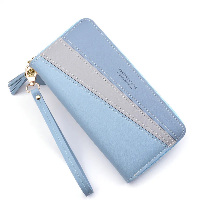 

2021 new purse long lady zipper wallet Korean version splicing contrast color tassel holding mobile phone bag, Customized color