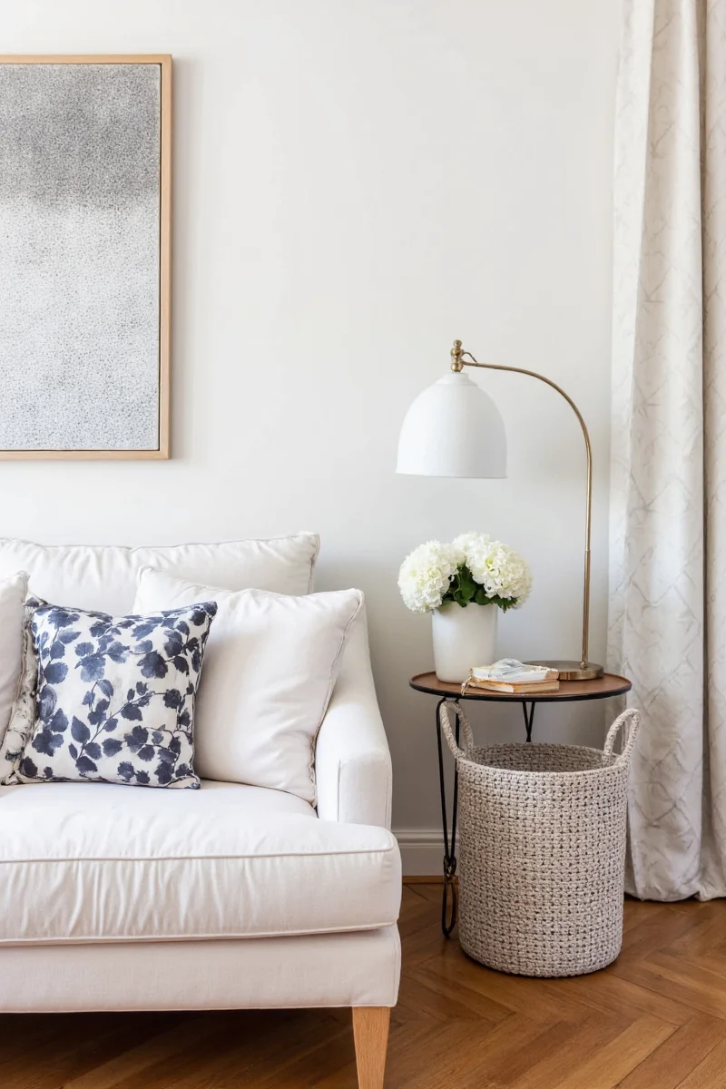 Neutral walls with colorful decor accents