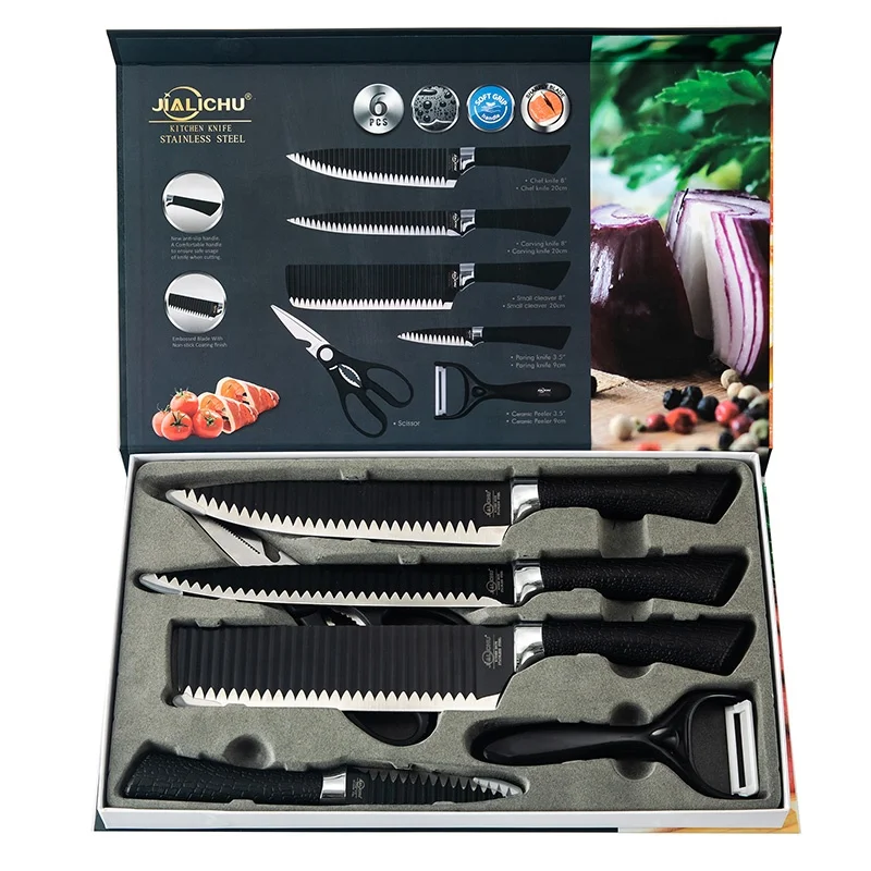 

Black Non-stick Knives set of 6pcs PP Handle Chef's Knife Peeler Scissors Cleaver Carving Paring Knife Set