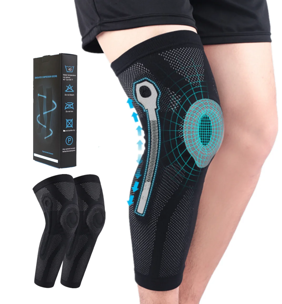 

Sport Long Silicon Knee Brace Claf Thigh Support Compression Sleeves knee pads for arthritis, Black