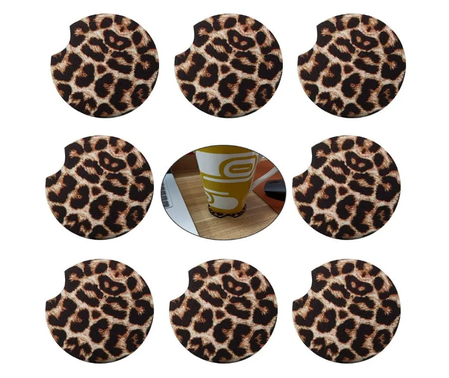 

A2901 Universal Leopard Print Heat Insulation Pads Car Coaster Drinking Mugs Rubber Cup Mat Antiskid Neoprene Coaster, As pic