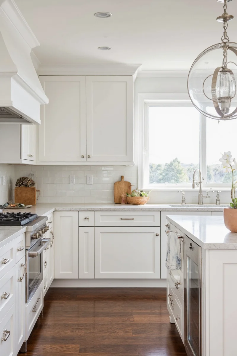 Kitchen with soapstone countertops styled with farmhouse sink and pendant lights