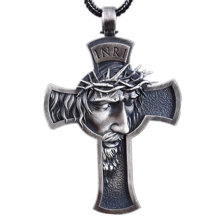 

Explosive Crown of Thorns Jesus Cross Necklace Leather Cord Retro Men's Christ