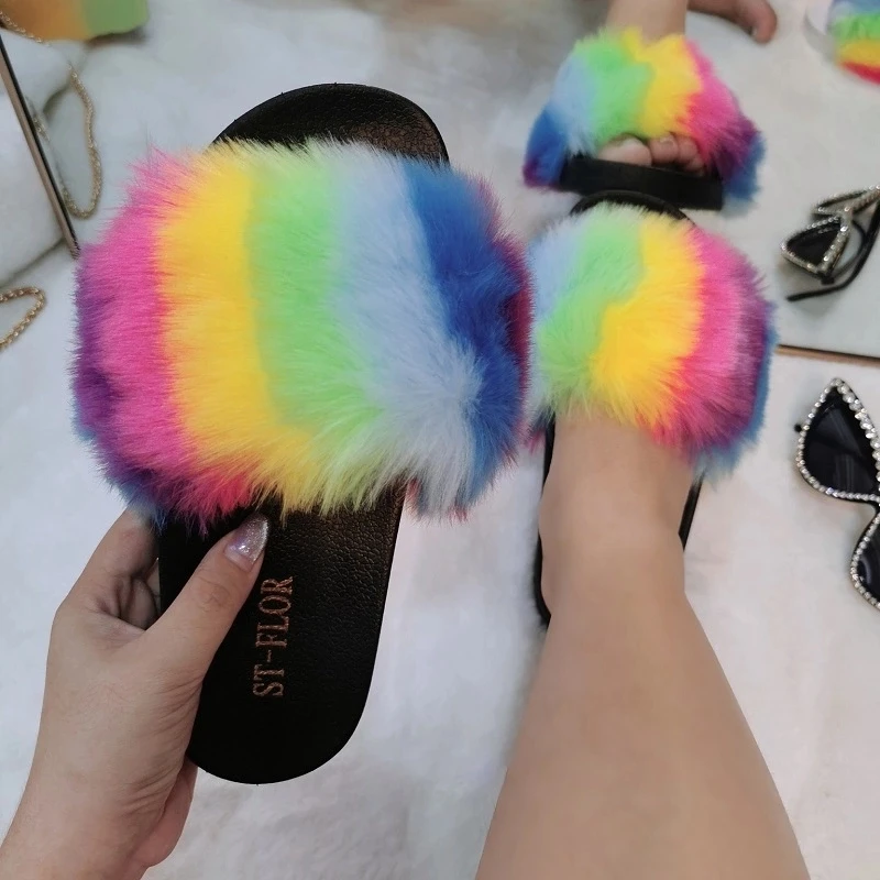 

Popular style women fur slides sandals mink faux plush fluffy sandals slippers