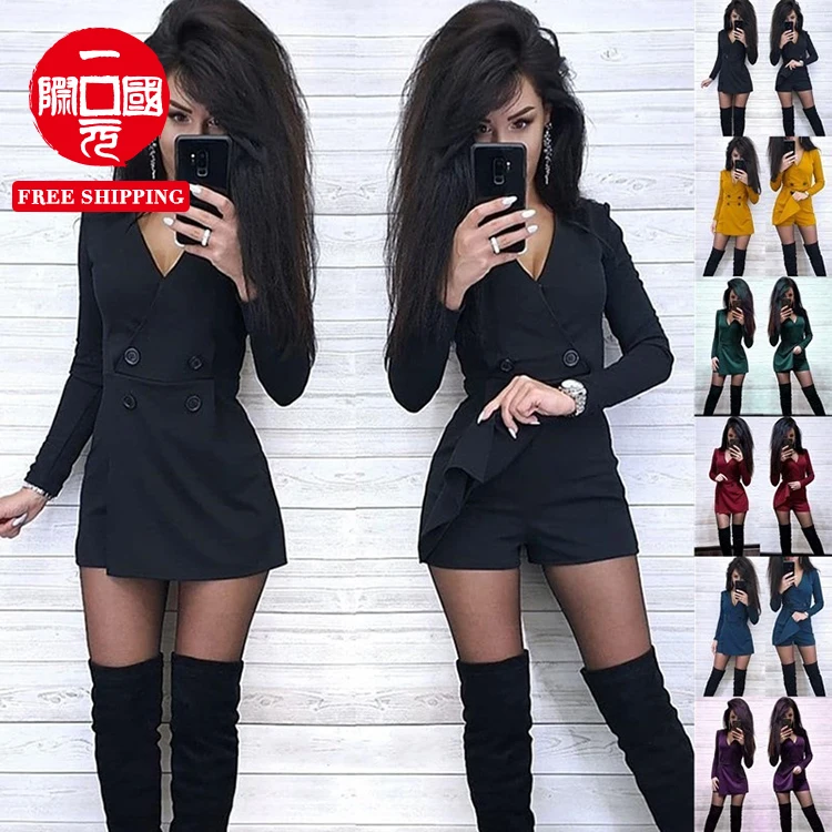 

Fall 2021 new solid color button slim V-neck jumpsuit