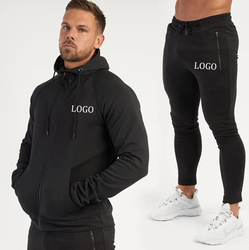 

High Quality Mens Sports Leisure Two Piece Outdoor Fitness Exercise Hooded Sweater Slim Pants Suit Cotton, As picture