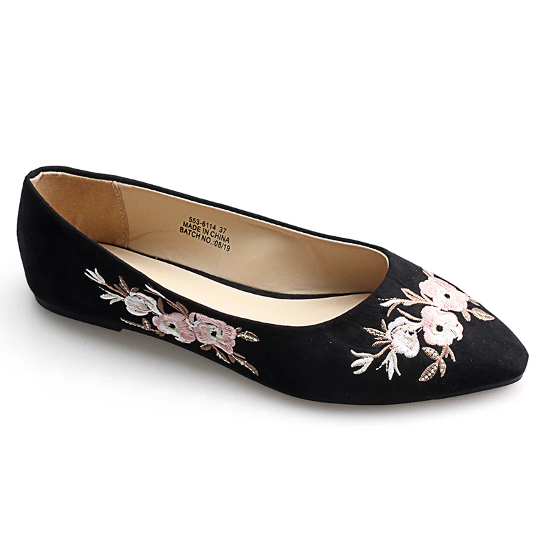 

2020 the most fashion embroidery flower black microfiber upper slip-on lady flats shoes