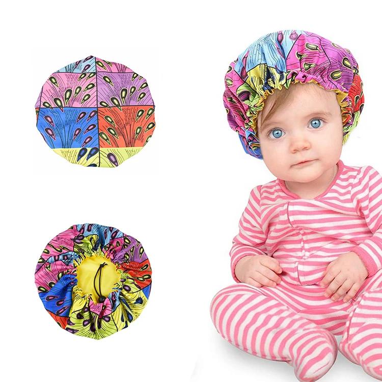 

Double Layer Print Satin Nightcap Adustable Kid Shower Cap for Children
