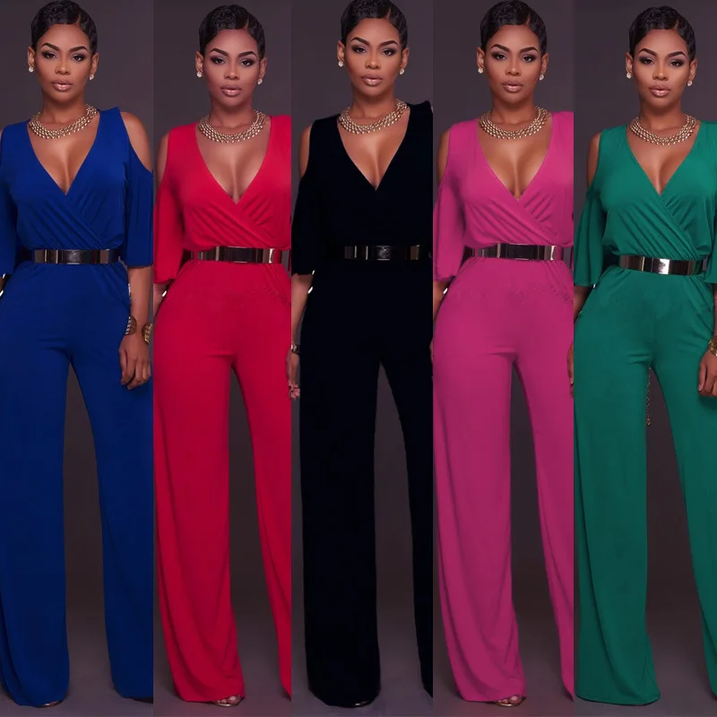 

WW-0843 Sleeve V-neck Off-the-shoulder Lotus Leaf Jumpsuits With Belt Stacked Pants Jumpsuit Trendy Women Clothing Sets, Customized color