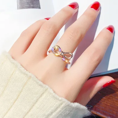 

INS Style Charming Adjustable 18K Gold Plated Diamond Bow Open Ring Cubic Zirconia Bow Forefinger Ring for Women Finger Jewelry