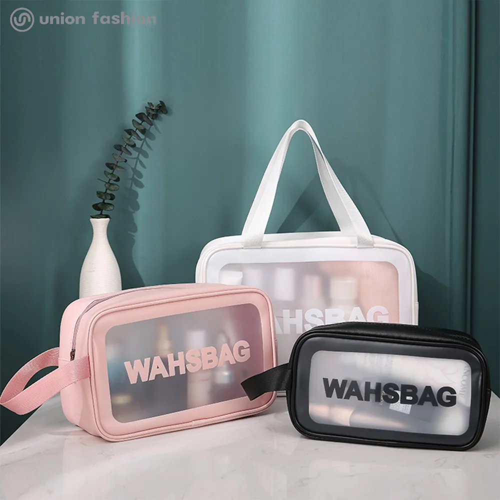 

Waterproof Custom Logo Travel Transparent Pouch Clear PVC Large Cosmetic Toiletry Bag With Handle, Black/pink/white