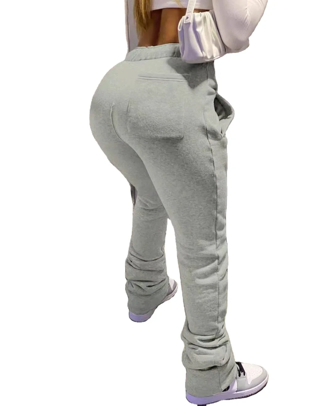 

ten colors  Fashion Drawstring Pleated pockets cotton flare Pants woman fleece thick Stacked Sweat pants, White, yellow, gray, green, black, pink, blue