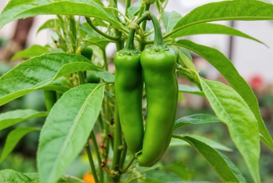 Big Jim chili pepper plant growing in garden with mature green peppers visible on bush