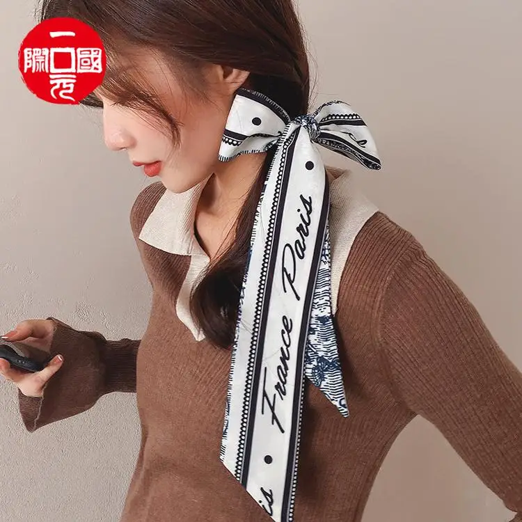 

One dollar Undead robin French tied hair streamer ins retro elegant slender long silk scarf hair tie strap wholesale