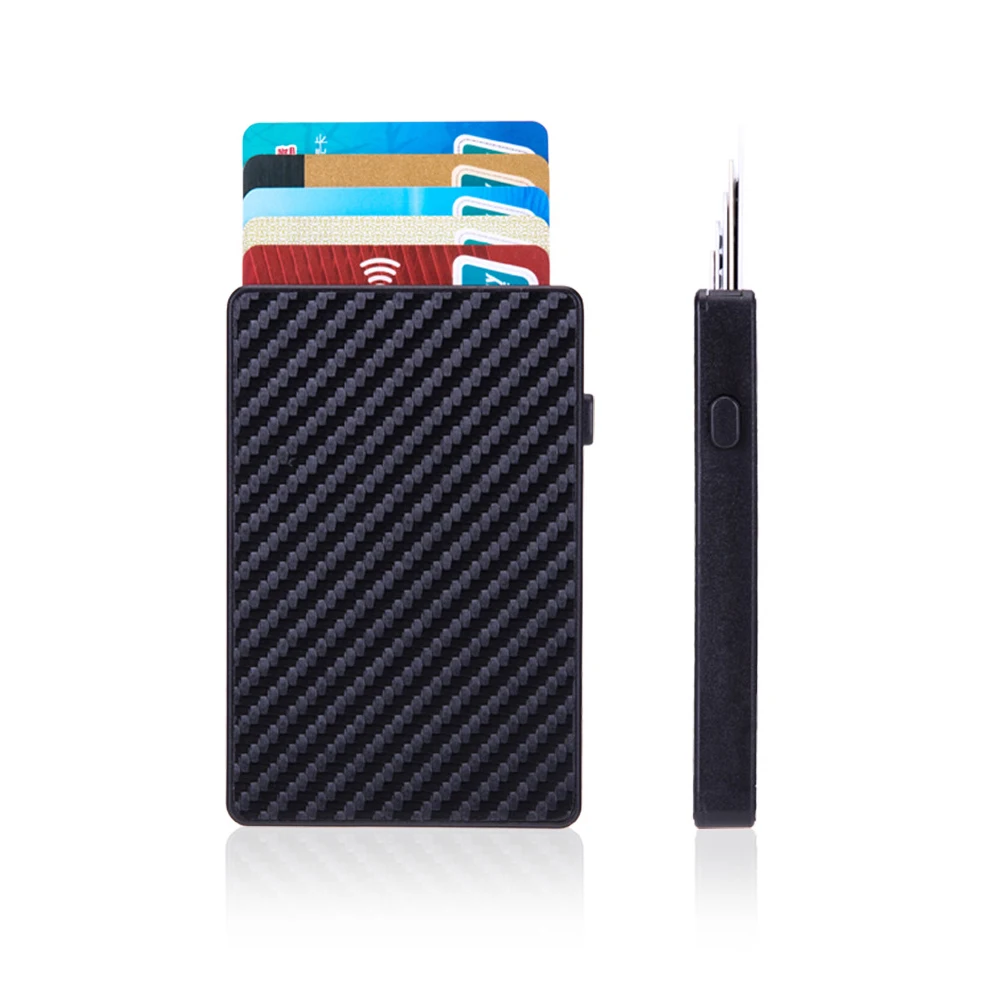 

RFID Blocking Carbon Fiber Automatic Pop Up Aluminum Slim Pocket Bifold Business Card Case Credit Card Holder, Black,silver
