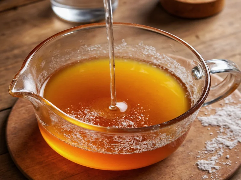 Homemade syrup simmering in glass saucepan with sugar crystals