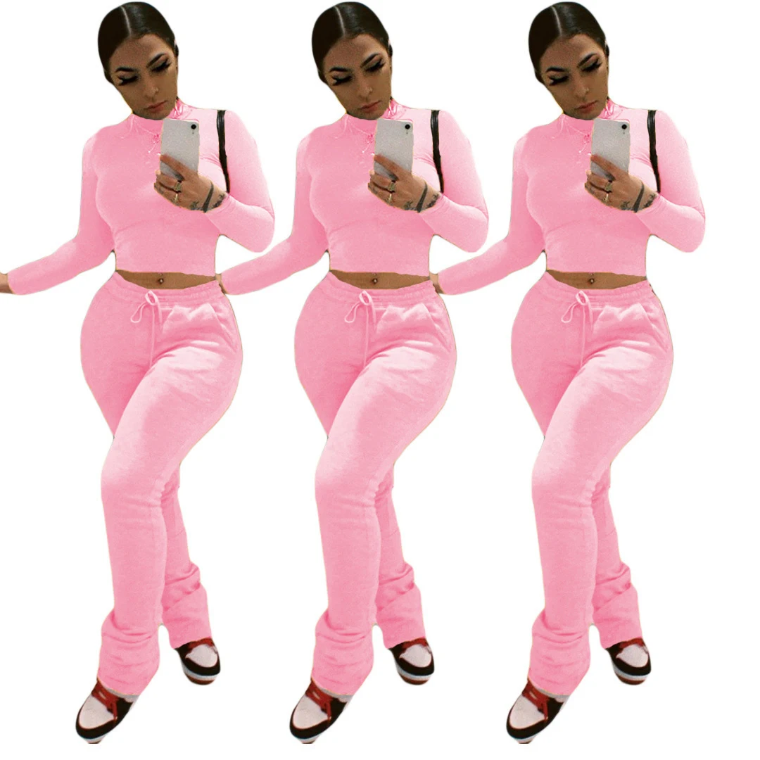 

2021 Fall Women Clothing Sweater Suit Casual Solid Color Half A Turtleneck Long Sleeve Fleece Two Piece Pants Set