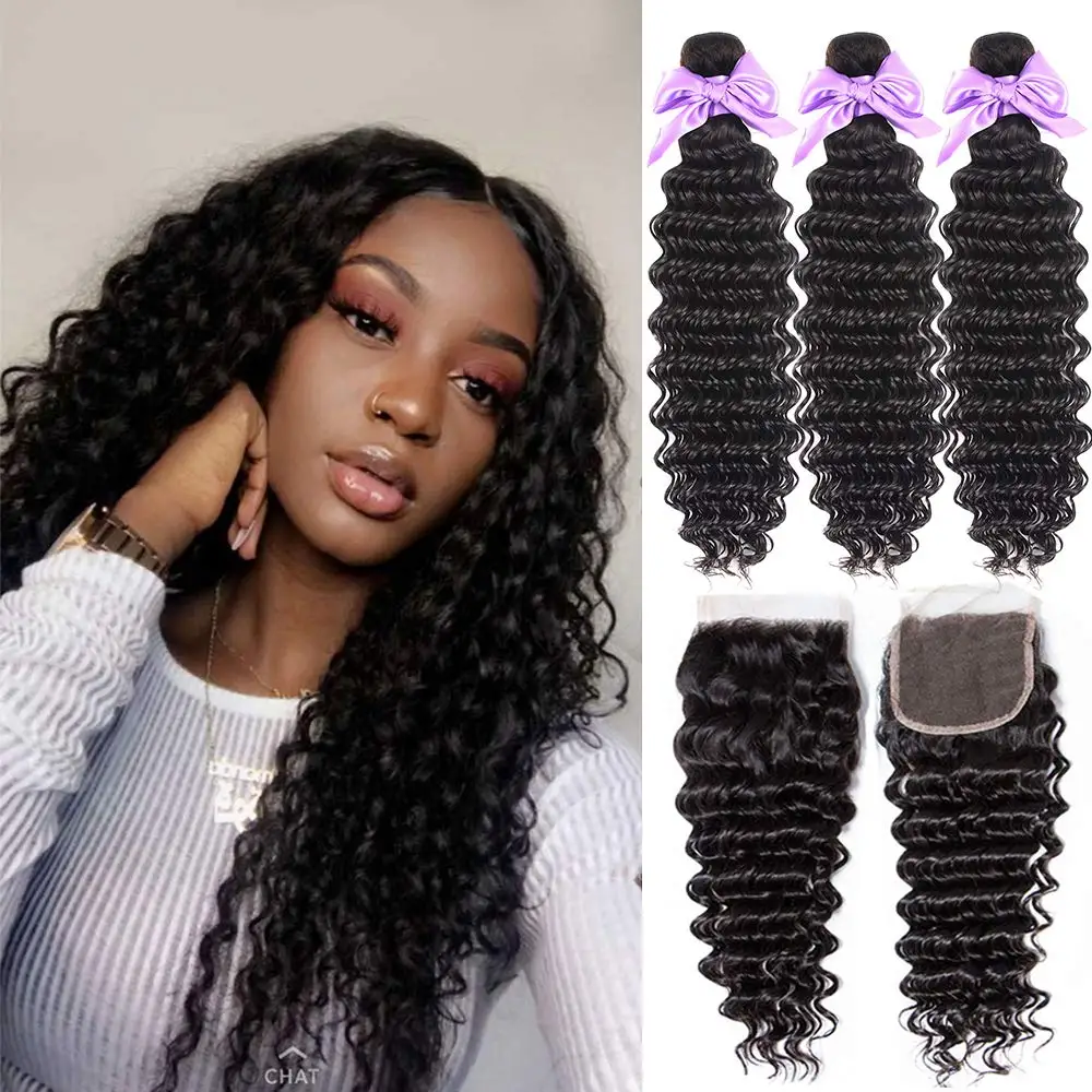 

wholesale free sample mink 40 inch 12a virgin 100% human deep wave hair weave bundles natural with lace frontal closure