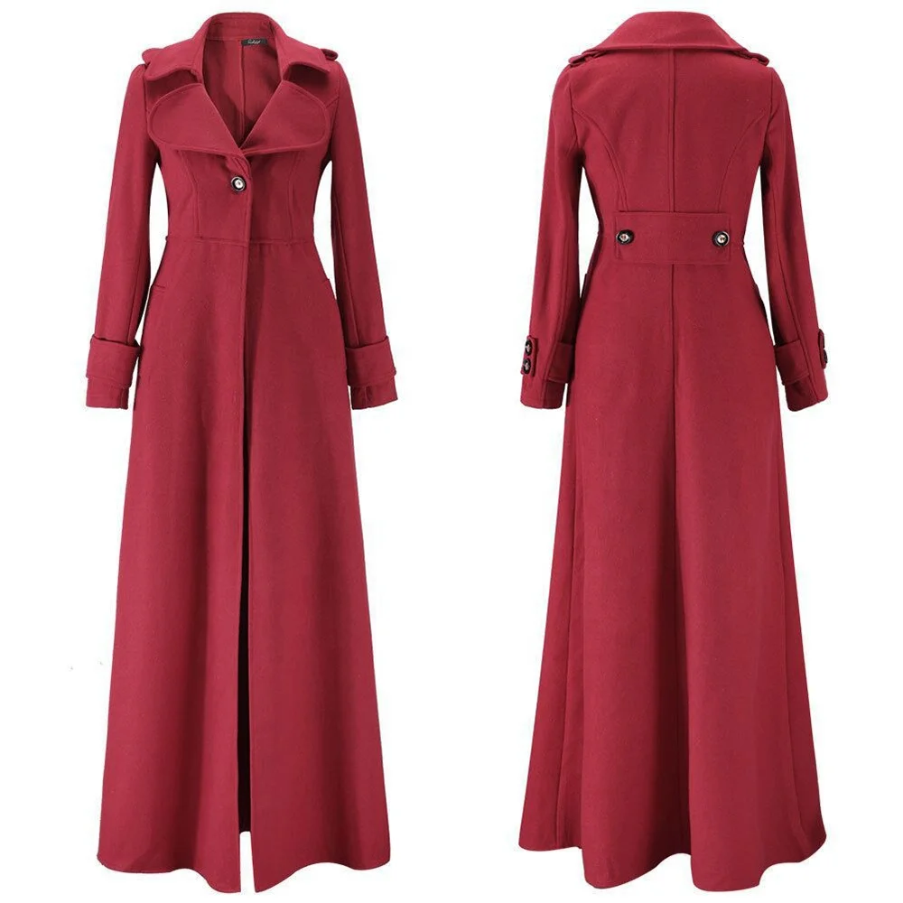 

Ladies Winter Maxi Outwear Warm Jacket Coat Lapel Slim Windbreaker Wool Blend Long Trench Coats Womens