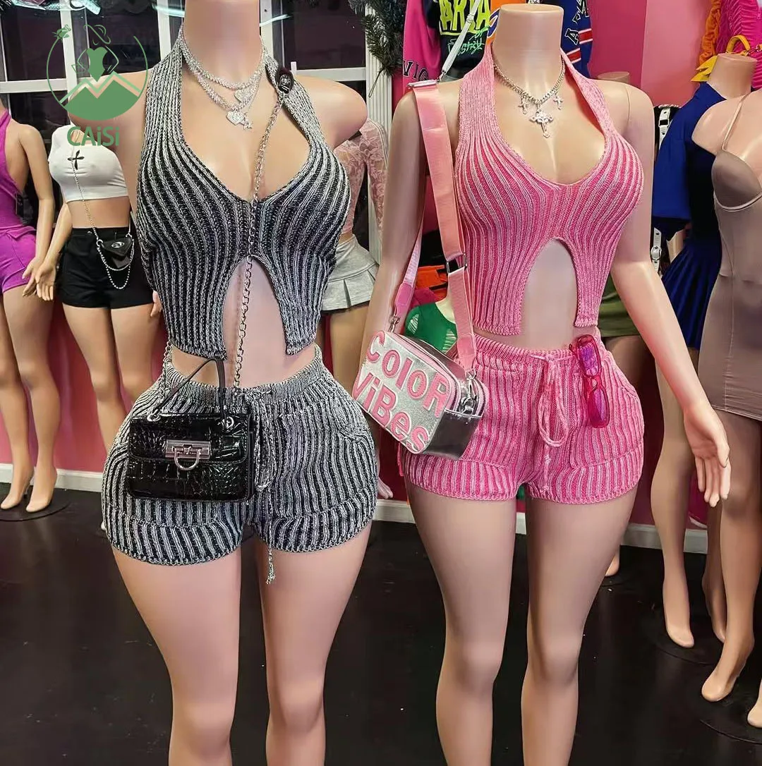 2 Piece Set Summer 2026 Women Clothes Fashion Jogger Tracksuits Set Knit Striped Tops and Shorts Set Casual Womens Clothing