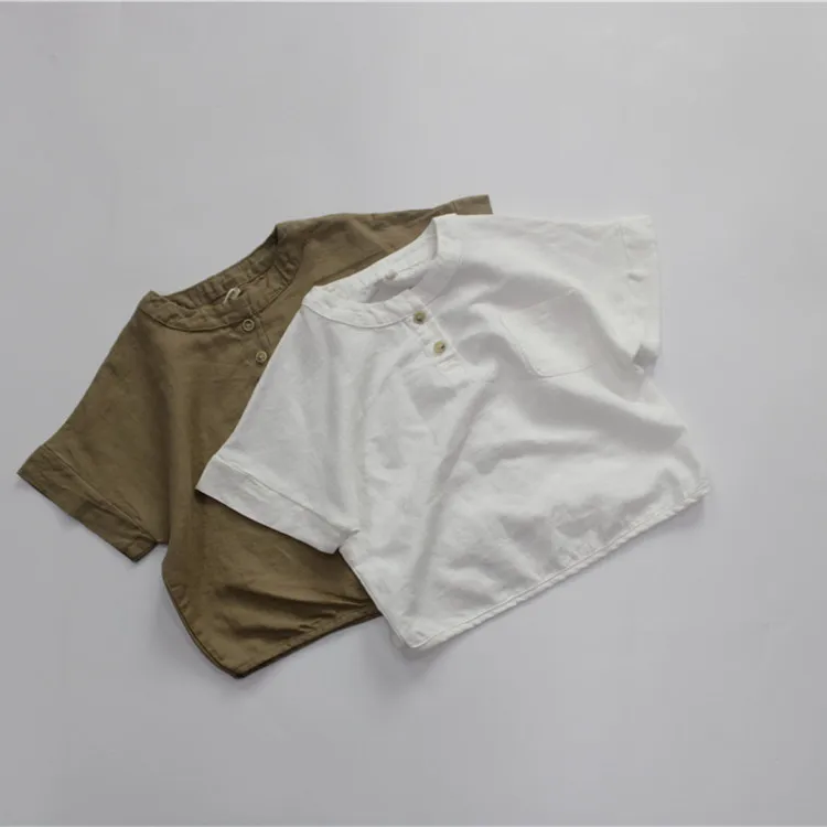 

2021 New Fashion Boy Solid Short Sleeve Linen Pocket Shirt White Green 1-7 years, As photos