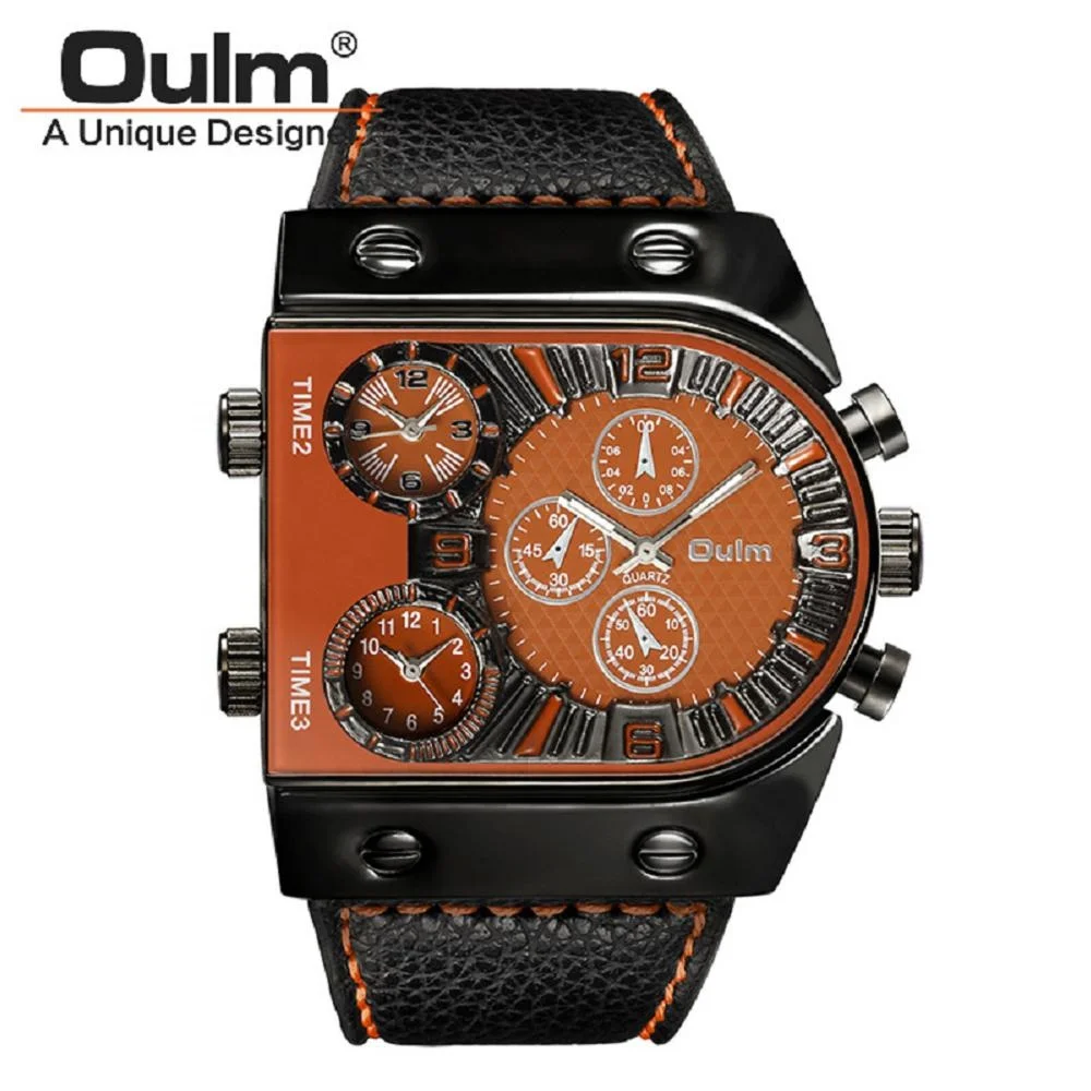 

OULM Trendy Punk Big Dial Square Watch for Men with Leather Strap Luxury Multi Time Zone Stop Chronograph Clock Casual Watches