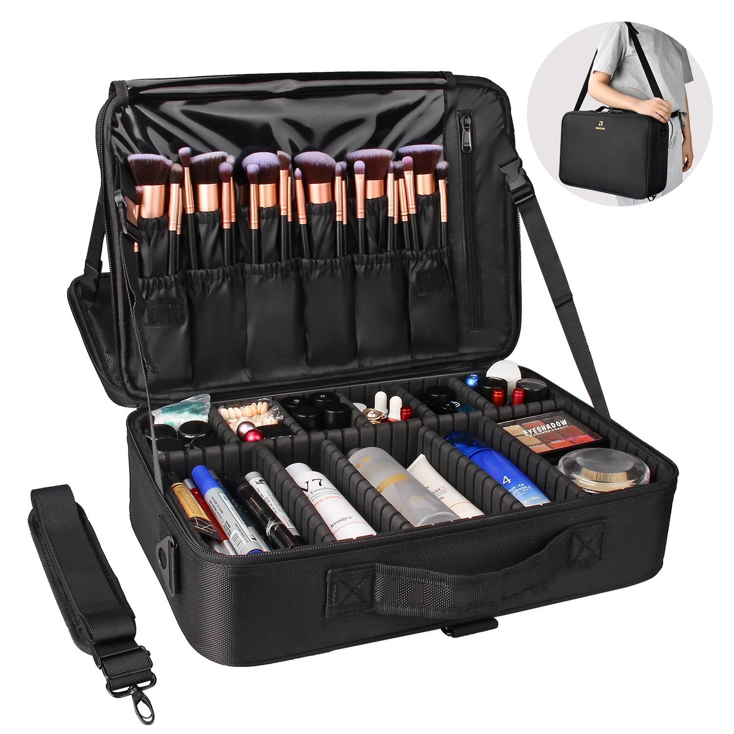 

Dropshipping Relavel Professional Train Case Brush Organizer Storage Travel Artist Box 3 Layer with Adjustable Strap Makeup Case, Black