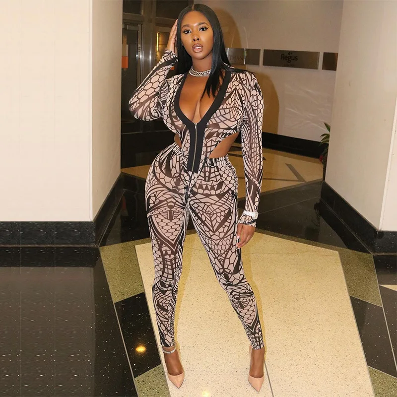 

The Newest Sexy Long Sleeve Mesh Printed Women Two Piece Outfits