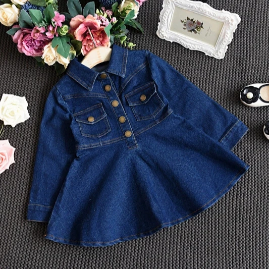 

New fashion infant Girls spring autumn long sleeve denim one piece dress casual jeans dress for kids, Picture shows