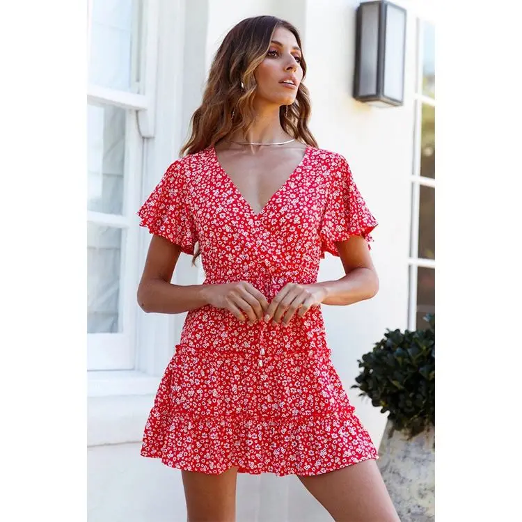 

PEARL Chiffon Dresses Women 2021 Sweet Flower V Neck Belt Agaric Edge Summer Dresses Skirt Stylish Sexy Dress