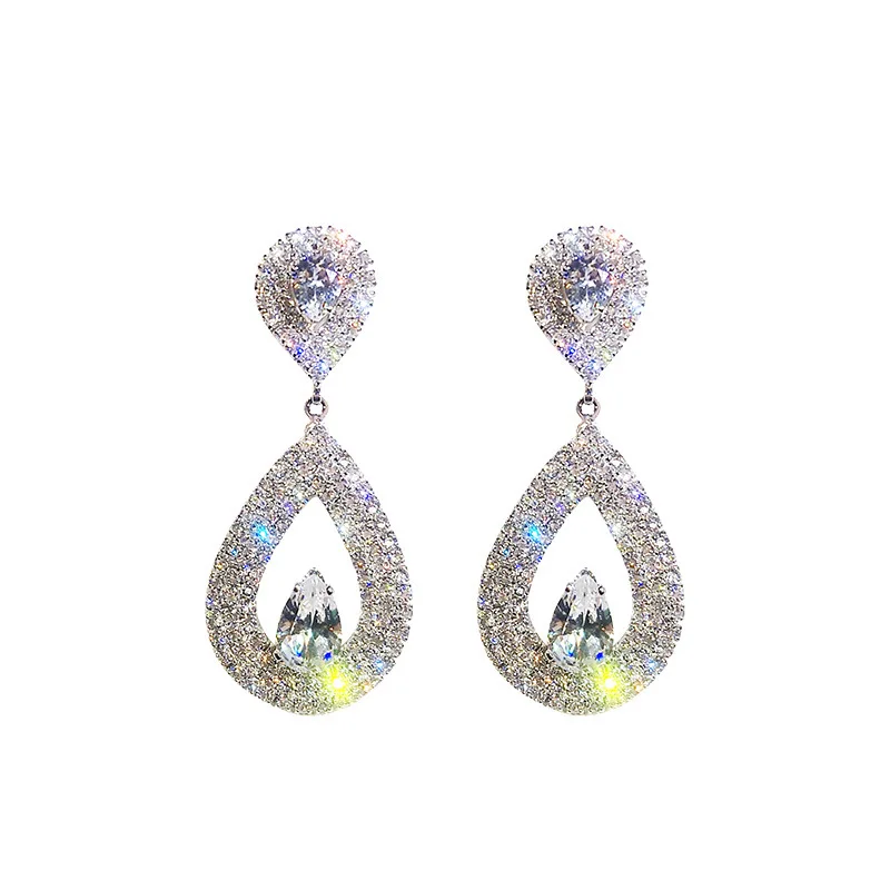 

JUHU 2021 New luxury exaggerated Wedding glass diamond alloy ear buckle water drop shape diamond-studded alloy jewelry for women, Gold/silver