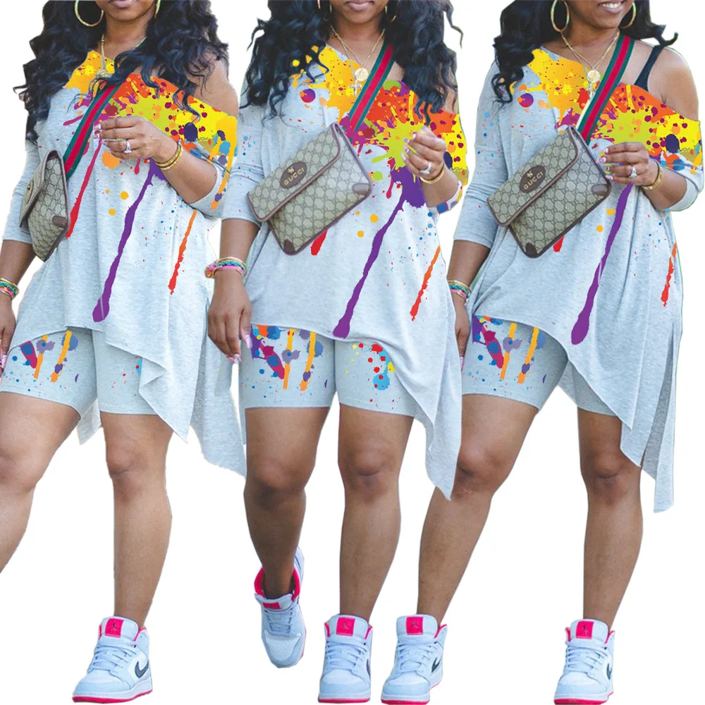 

2021 Fashion Trendy women summer outfits short set shoulder 2piece women outfit