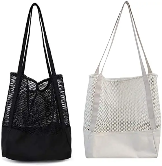 

Torba Na Zakupy Fashion Foldable Promotion Girls Shoulder Canvas Reusable Hollow Beach Tote Mesh Black Shopping Bag, 2 colors