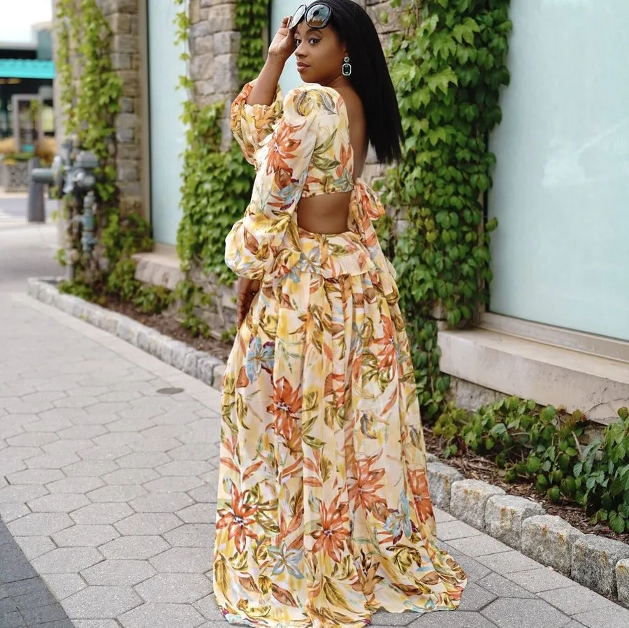 

Sexy Floral Print Hollow Out V Neck Puff Sleeves Backless plus size Womens Long Sleeve Dress Ladies Maxi Dresses ropa de mujer, Yellow,red,green