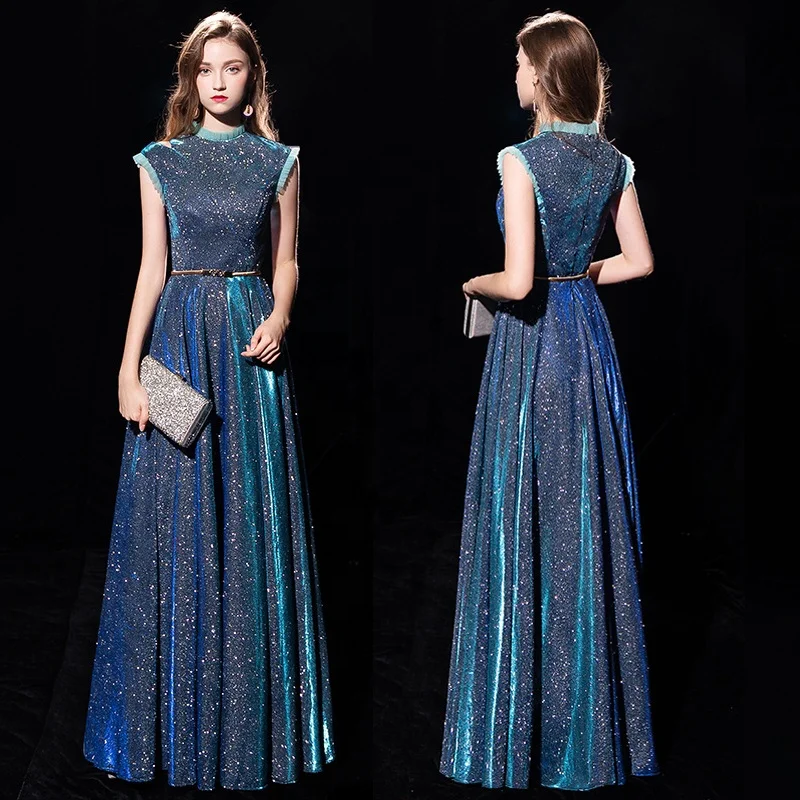 

New design Polyester Blue Sleeveless Prom Dresses sequined O-Neck Ball Gown A-Line Sleeve Floor-Length Prom Dresses