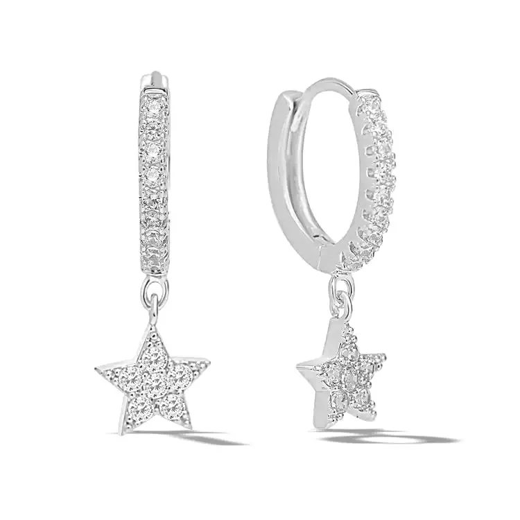 

Dainty Fashion 925 Sterling Silver Cubic Zirconia Micro Setting Star Shape Pendant Drop Hoop Earrings