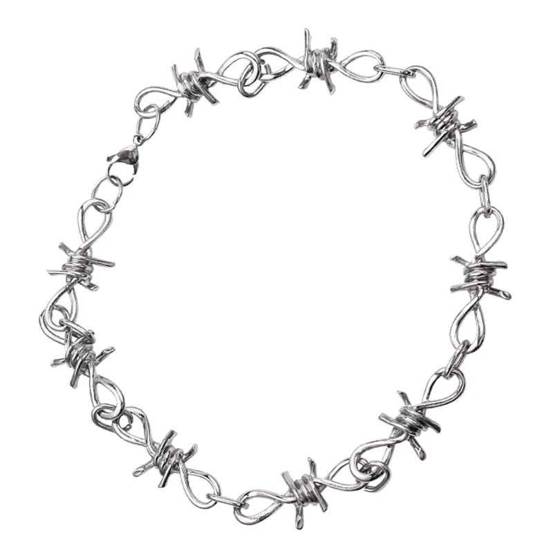 

Women Hip-hop Punk Style Barbed Wire Brambles Link Chain Choker Necklace, Silver