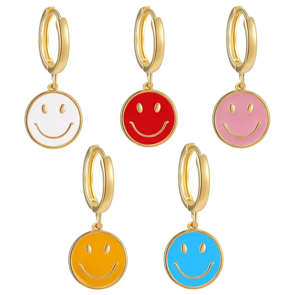 

High quality 18k gold Colorful Fashion Enamel Earrings Stainless Steel Green Pink Black Smile Face Coin Earrings