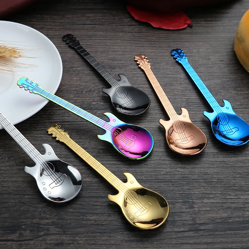 

Guitar Spoon Colorful Stainless Steel Tea Dinner Table Mixing Spoon Kit Dessert Coffee Sugar Ice Cream Spoon Milkshake, Silver/gold/ rose gold/color/black/blue