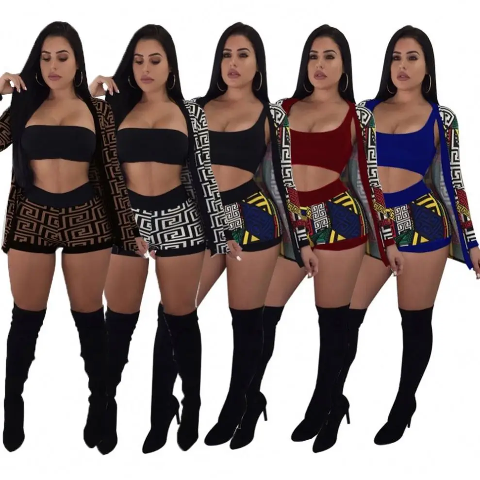 

Fashion Print Sports Bra Hot Pants And Cardigan Sexy Ladies Club Suits Women 3 Piece Set, As pictures showed