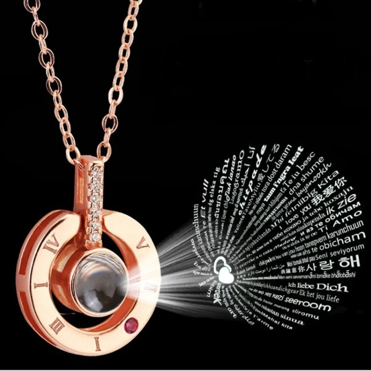 

100 Languages I Love You Women Necklace Rose Gold Round Pendant Collarbone Necklace with Projection, Rose gold, silver