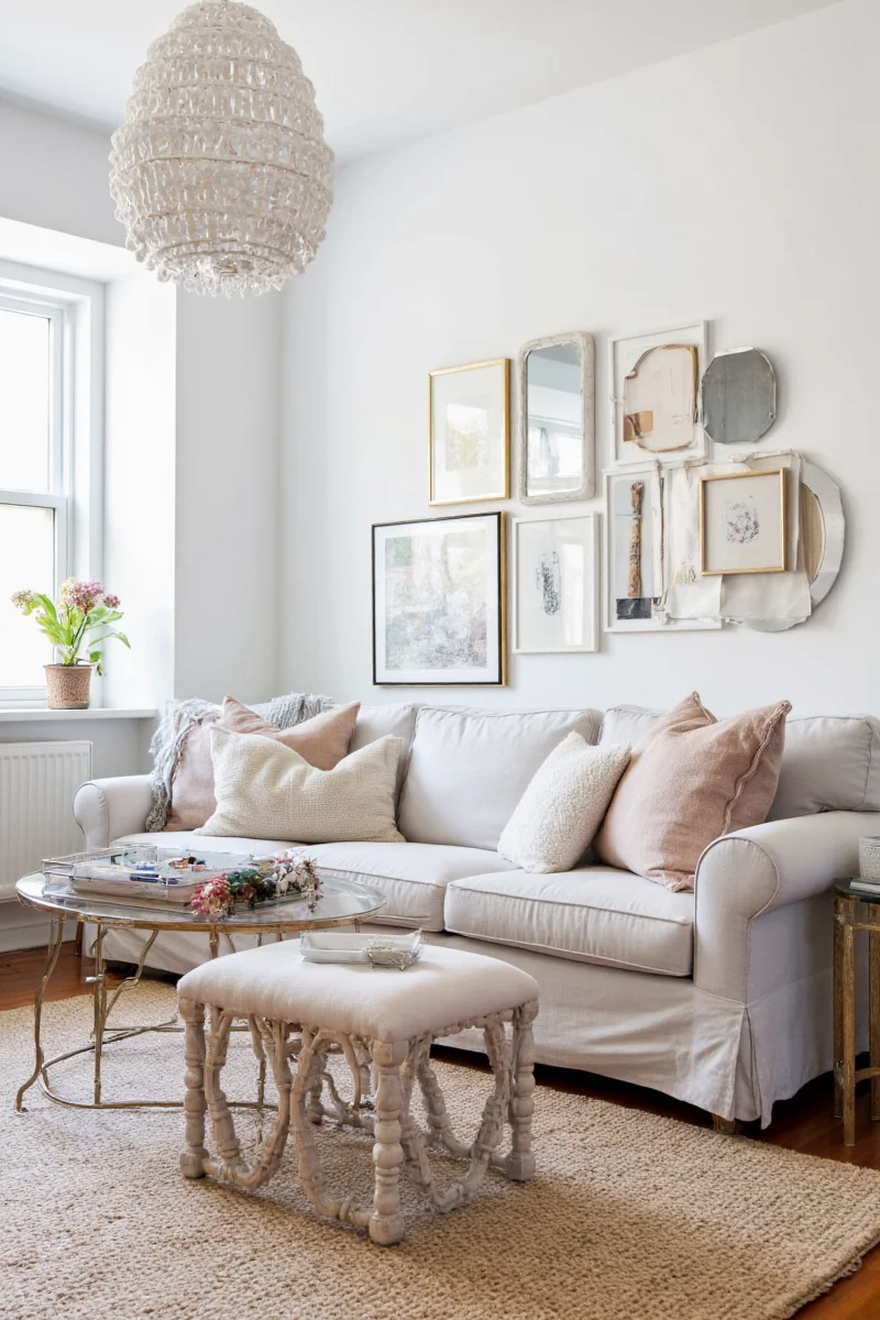 Coffee table with decorative tray holding candles and remotes