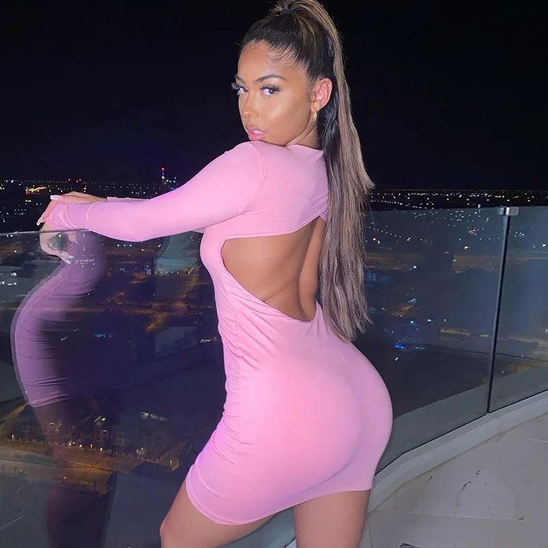 

B24145A Hot style autumn and winter long-sleeved backless package hip dress, White, black, pink