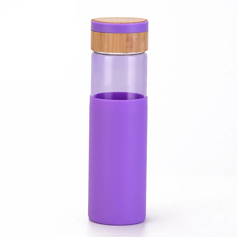 

Mikenda high borosilicate glass water bottle specail handle bamboo lid with color silicone lid