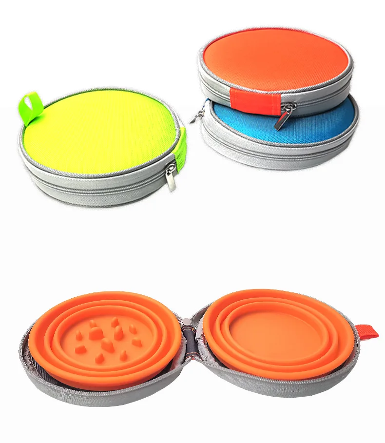 

Manufacturer wholesale collapsible slow feeder dog two bowls with zipper portable outdoor, Blue,orange,green