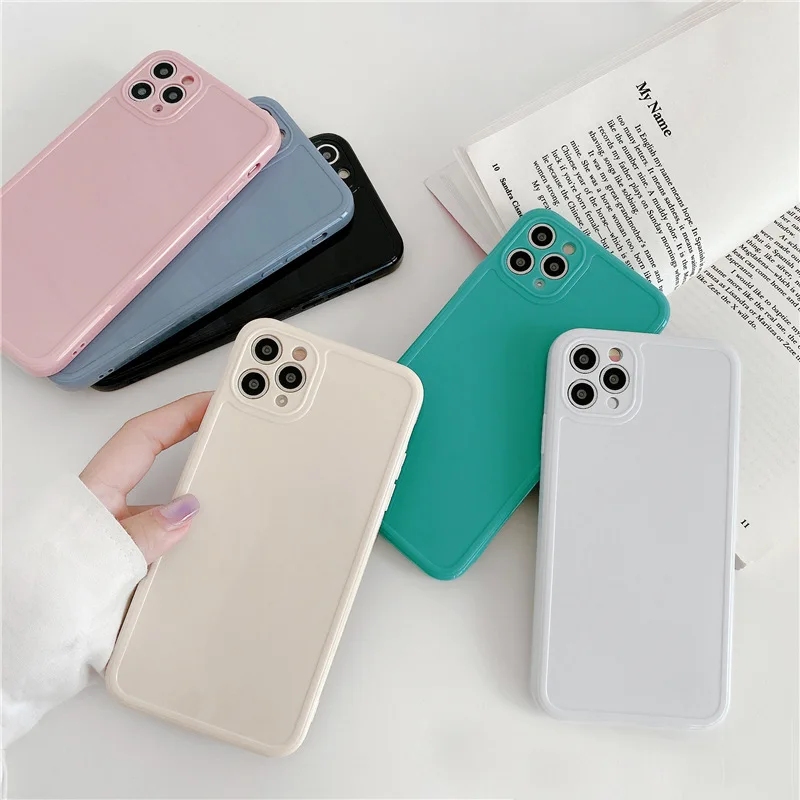 

For iPhone 12 Pro Max Solid Solor Glossy Square Photo Frame Design Silicone Phone Case Camera Protect Mobile Back Cover, Mix
