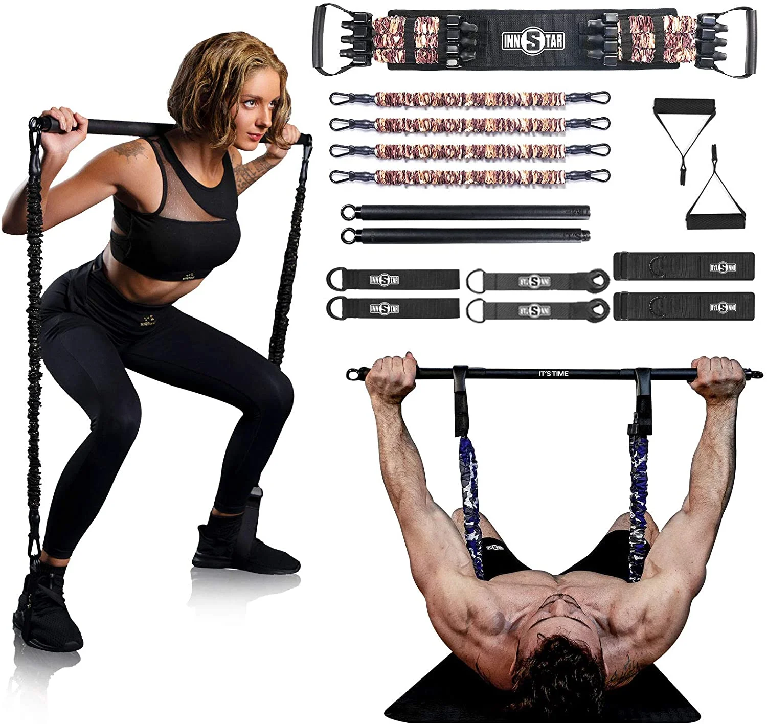 

INNSTAR Exercise Resistance Bands Set with Pilates Bar, Camo red/ camo blue/ camo green/ camo brown