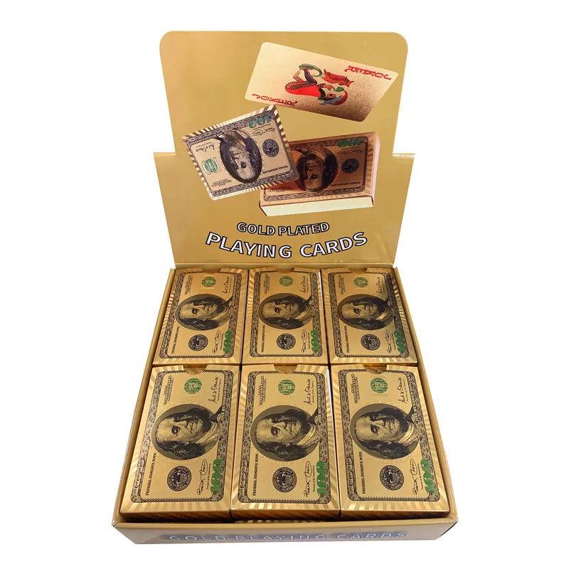 

show box 12 deck 100 dollar design gold foil playing cards waterproof rose gold plated poker with Display box, Gold foil/rose foil