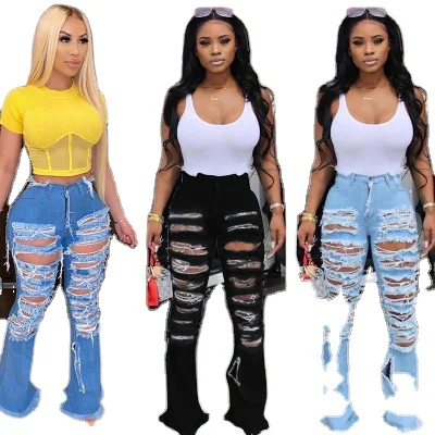 

New product ideas 2021 Trend Wide Leg Ripped Horn Bell Bottom Denim Women Jeans, Picture