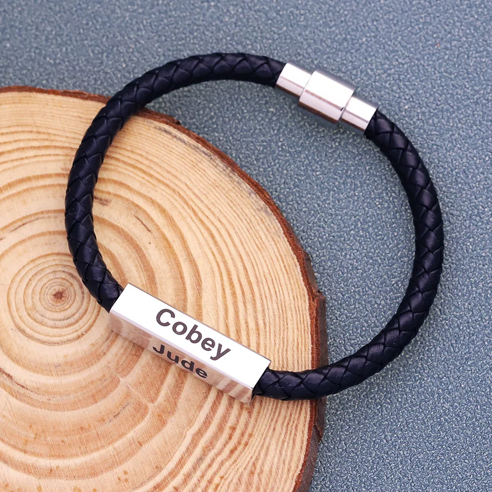

Wholesale Stainless Steel Custom Name Woven Leather Bracelet For Men